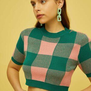 Cider Green Pink Check Me Out Crop Thick Knit Sweater Top